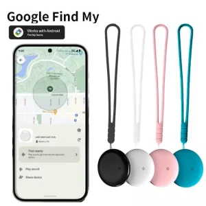 Pet tracker with four color options and a smartphone showing location tracking.