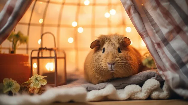 happy guinea pig in cozy cage